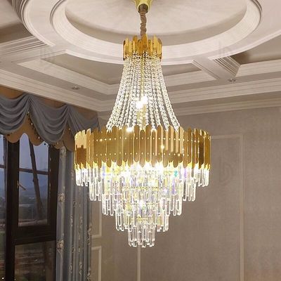 E12 Rustproof Modern Crystal Lobby Chandelier Brushed Gold Dining Room Chandelier ISO9001