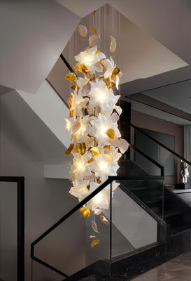 Copper + Imitation Jade Flowers Light Luxury Hotel Loft Villa Crystal Staircase Chandelier