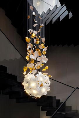 Copper + Imitation Jade Flowers Light Luxury Hotel Loft Villa Crystal Staircase Chandelier