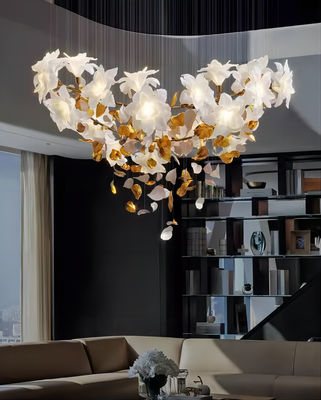 Copper + Imitation Jade Flowers Light Luxury Hotel Loft Villa Crystal Staircase Chandelier