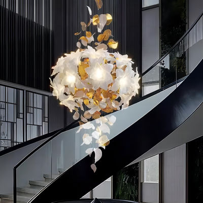 Copper + Imitation Jade Flowers Light Luxury Hotel Loft Villa Crystal Staircase Chandelier