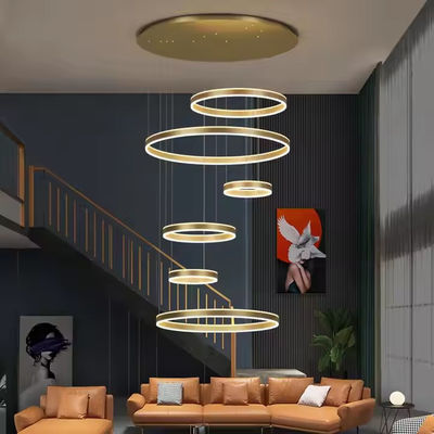 Hotel Villa Stairs High Ceiling Hanging Black Coffee Gold Round Circle Ring Led Chandelier Pendant Light