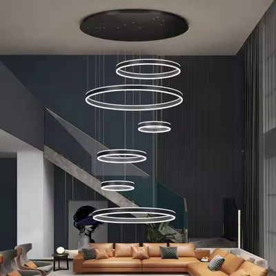 Hotel Villa Stairs High Ceiling Hanging Black Coffee Gold Round Circle Ring Led Chandelier Pendant Light