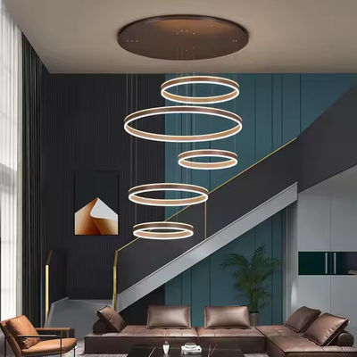 Hotel Villa Stairs High Ceiling Hanging Black Coffee Gold Round Circle Ring Led Chandelier Pendant Light