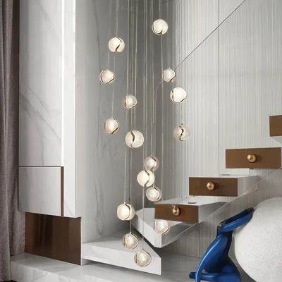 Villa Hotel Loft Staircase Hanging Light Fixture Design Modern Acrylic Corrugated Ball Pendant Lamp With LED Light Strip