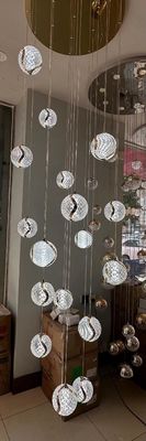 Villa Hotel Loft Staircase Hanging Light Fixture Design Modern Acrylic Corrugated Ball Pendant Lamp With LED Light Strip