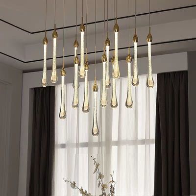 Modern Simple Crystal Water Drop Stairwell Chandelier 3200-6500K Three Colors Change Light For Duplex Hotel Restaurant Villa