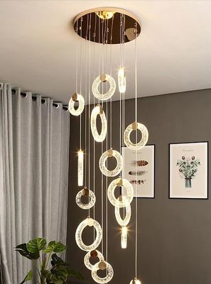 Modern Villa Apartment Living Room Crystal Long Staircase Pendant Lamp With Three Colors Changing Light And Simple Light Luxury Ring