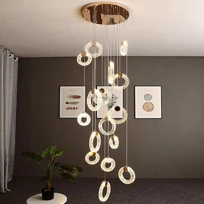Modern Villa Apartment Living Room Crystal Long Staircase Pendant Lamp With Three Colors Changing Light And Simple Light Luxury Ring
