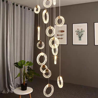 Modern Villa Apartment Living Room Crystal Long Staircase Pendant Lamp With Three Colors Changing Light And Simple Light Luxury Ring