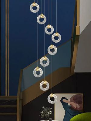 Modern Villa Apartment Living Room Crystal Long Staircase Pendant Lamp With Three Colors Changing Light And Simple Light Luxury Ring