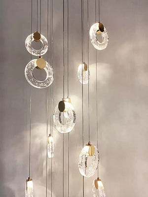 Modern Villa Apartment Living Room Crystal Long Staircase Pendant Lamp With Three Colors Changing Light And Simple Light Luxury Ring