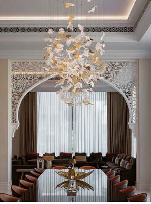 Clear Amber Art Glass Leaves Chandelier Decor Lobby Big Foyer Large Hotel Chandelier Maple Leaf Chandelier Decoration
