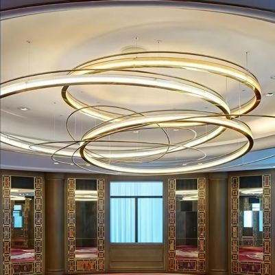 LED Light Source Art Glass Iron Aluminum Modern Hotel Lobby Banquet Custom Large Circular Golden Metal Ring Glass Droplight