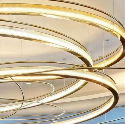 LED Light Source Art Glass Iron Aluminum Modern Hotel Lobby Banquet Custom Large Circular Golden Metal Ring Glass Droplight