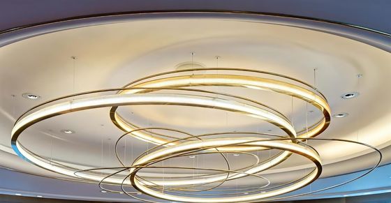 LED Light Source Art Glass Iron Aluminum Modern Hotel Lobby Banquet Custom Large Circular Golden Metal Ring Glass Droplight