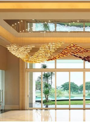 Hotel Lobby Customized Glass Chandelier With Brass And Crystal Accents