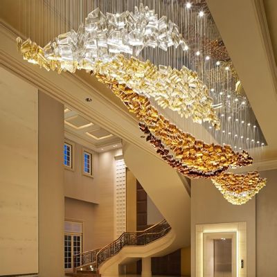 Hotel Lobby Customized Glass Chandelier With Brass And Crystal Accents