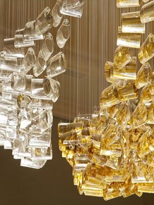Hotel Lobby Customized Glass Chandelier With Brass And Crystal Accents