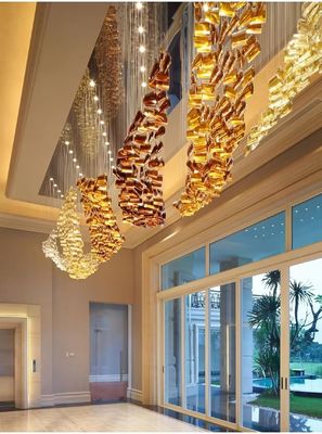 Hotel Lobby Customized Glass Chandelier With Brass And Crystal Accents