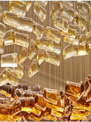 Hotel Lobby Customized Glass Chandelier With Brass And Crystal Accents