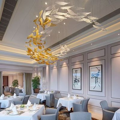 Customized Project Luxury Hall Banquet Lighting Solutions With Auto CAD Layout And Large LED Art Glass Leaf Shape Chandelier