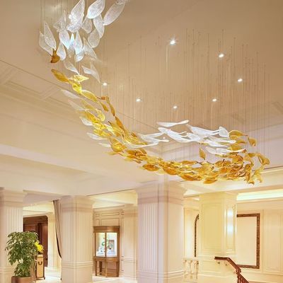 Customized Project Luxury Hall Banquet Lighting Solutions With Auto CAD Layout And Large LED Art Glass Leaf Shape Chandelier