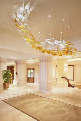 Customized Project Luxury Hall Banquet Lighting Solutions With Auto CAD Layout And Large LED Art Glass Leaf Shape Chandelier