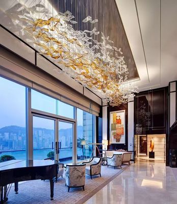 Customized Project Luxury Hall Banquet Lighting Solutions With Auto CAD Layout And Large LED Art Glass Leaf Shape Chandelier