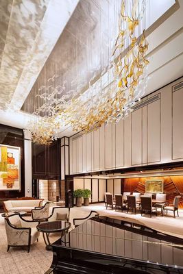 Customized Project Luxury Hall Banquet Lighting Solutions With Auto CAD Layout And Large LED Art Glass Leaf Shape Chandelier