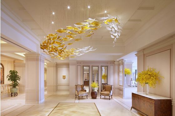 Customized Project Luxury Hall Banquet Lighting Solutions With Auto CAD Layout And Large LED Art Glass Leaf Shape Chandelier