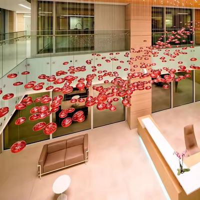 LED Crystal Lamp Modern Large Lamp Red Glass Ball Fish Line Custom Hotel Engineering Pendant Light Irregular Lighting
