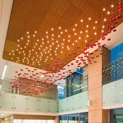 LED Crystal Lamp Modern Large Lamp Red Glass Ball Fish Line Custom Hotel Engineering Pendant Light Irregular Lighting