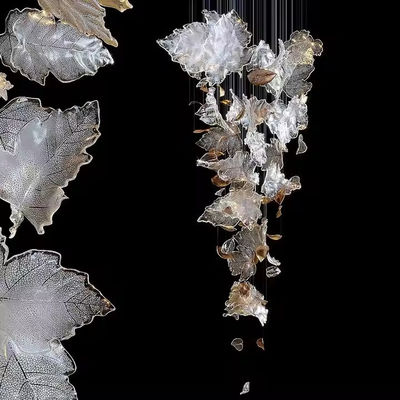 Adjustable Height Modern Style Led Art Chandelier Light For Large Projects With Custom Glass Leaf And Luxury Banquet Decoration