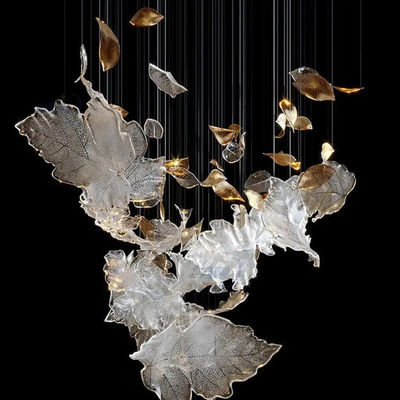 Adjustable Height Modern Style Led Art Chandelier Light For Large Projects With Custom Glass Leaf And Luxury Banquet Decoration