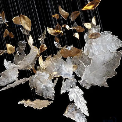 Adjustable Height Modern Style Led Art Chandelier Light For Large Projects With Custom Glass Leaf And Luxury Banquet Decoration
