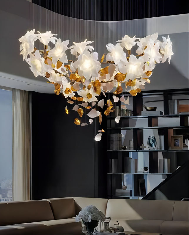 Copper + Imitation Jade Flowers Light Luxury Hotel Loft Villa Crystal Staircase Chandelier