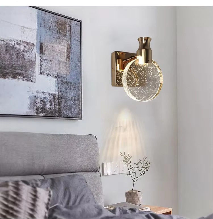 Modern LED Bubble Crystal Chrome Lamp Decorated With Crystal Round Scone Bedside Scone Lamp