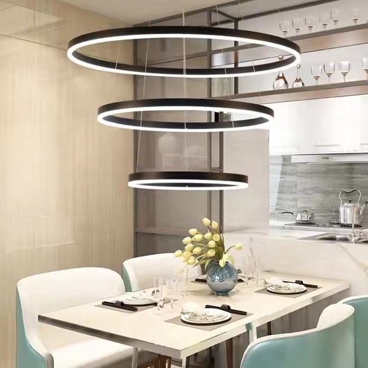 Modern 3 Ring Design Hanging Decorative Ring Acrylic LED Chandelier Light Gold Hotel Lobby Living Room Long Stairwell Chandelier