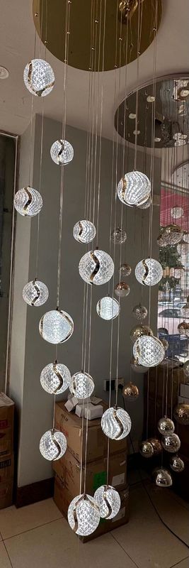 Villa Hotel Loft Staircase Hanging Light Fixture Design Modern Acrylic Corrugated Ball Pendant Lamp With LED Light Strip