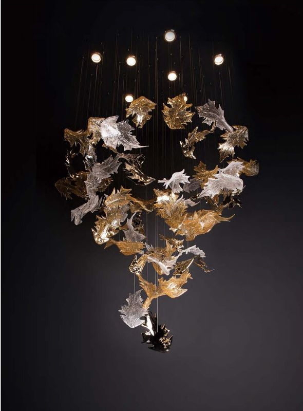 Clear Amber Art Glass Leaves Chandelier Decor Lobby Big Foyer Large Hotel Chandelier Maple Leaf Chandelier Decoration