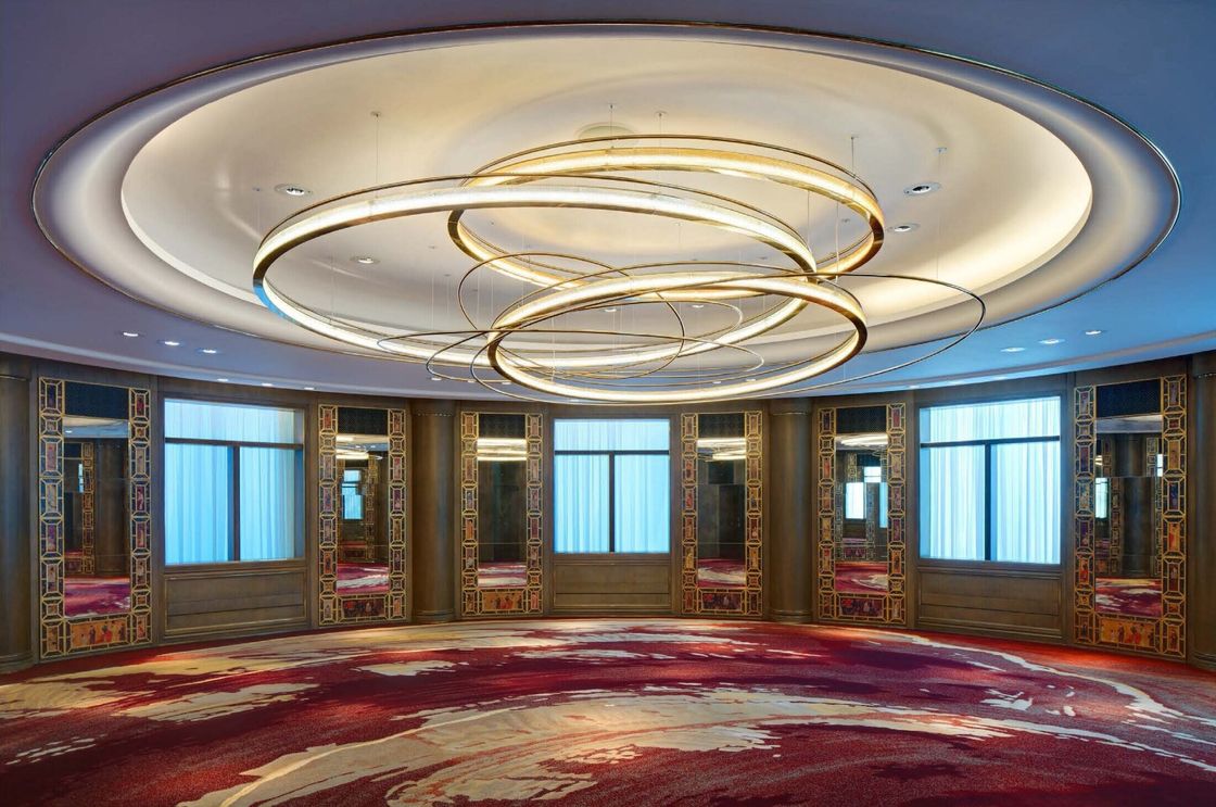 LED Light Source Art Glass Iron Aluminum Modern Hotel Lobby Banquet Custom Large Circular Golden Metal Ring Glass Droplight