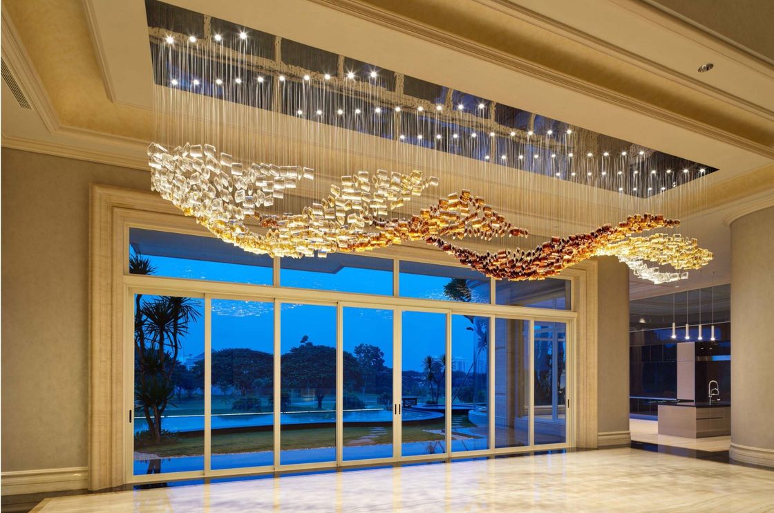 Hotel Lobby Customized Glass Chandelier With Brass And Crystal Accents