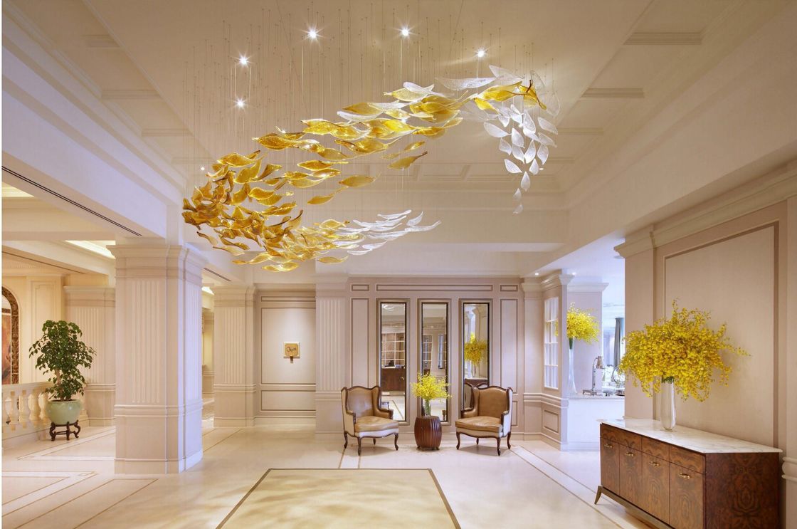 Customized Project Luxury Hall Banquet Lighting Solutions With Auto CAD Layout And Large LED Art Glass Leaf Shape Chandelier