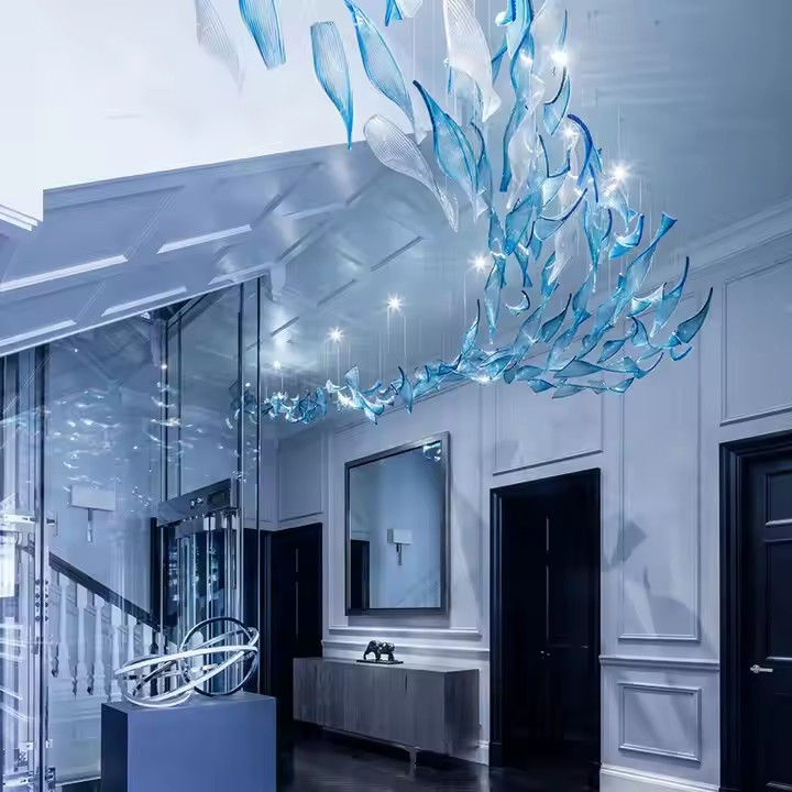 Customized Hotel Lobby Sales Department Banquet Hall Glass Chandelier In Creative Twist Leaf Shape For Villa Duplex Front Desk Project