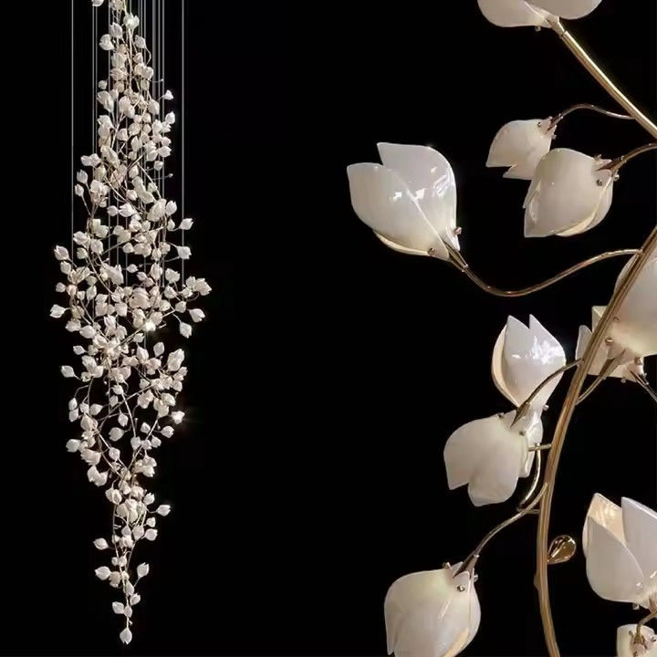 Modern White Magnolia Petals Ceramic Branch Tree LED Pendant Light Project Pendant Lamp For Living Room Hotel Lobby Staircase