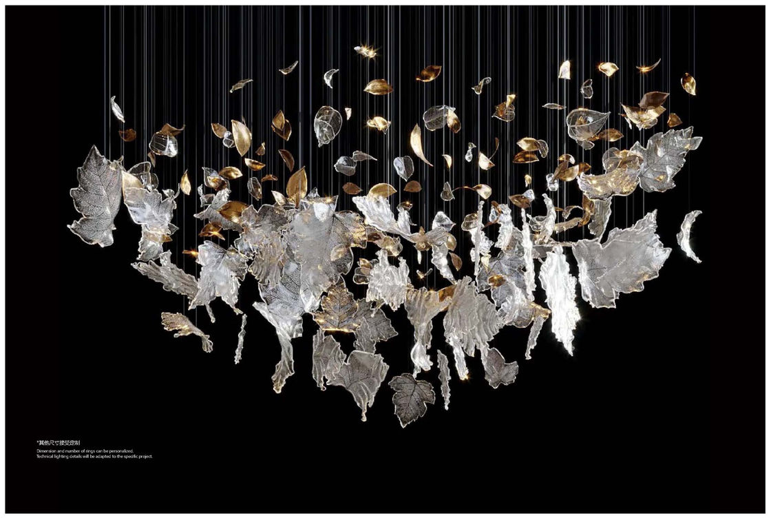 Adjustable Height Modern Style Led Art Chandelier Light For Large Projects With Custom Glass Leaf And Luxury Banquet Decoration
