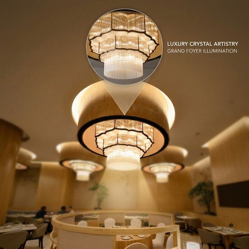 Crystal Ring Foyer Chandelier Titanium Gold Contemporary Hotel Villa Entrance Pendant Light Fixture