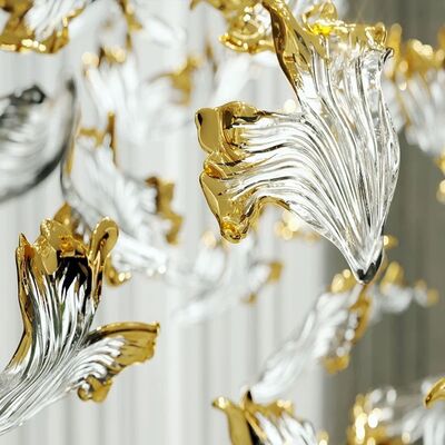 Langer, großer, farbiger Kronleuchter für die Lobby, Hochzeitsdekoration, Blattgold-Glas-Kronleuchter-Teil